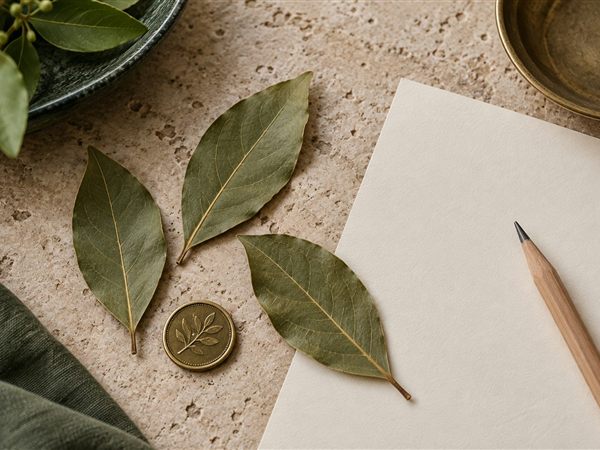 Bay leaves, a brass coin and a pencil beside blank cream paper