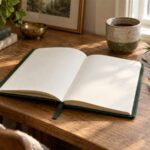 Open cream notebook with a green cover and pen on a wooden desk