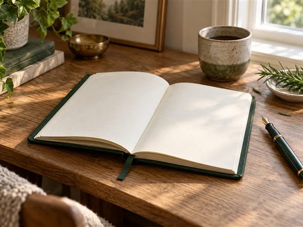 Open cream notebook with a green cover and pen on a wooden desk