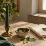 Green candle, coins and bay leaves arranged beside a cream journal