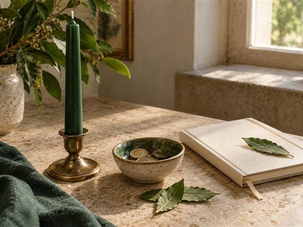 Green candle, coins and bay leaves arranged beside a cream journal
